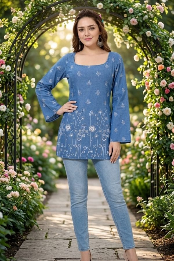 Body Fit Denim Kurti Top with Bell Sleeves – styled view