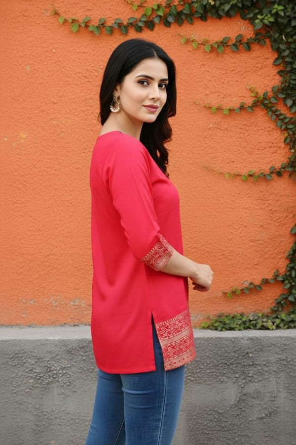Hot Pink Rayon Short Kurti with Thread Work – side view