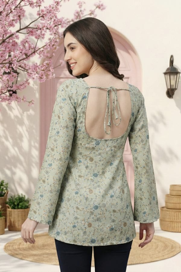 Pista Green Jaipuri Print Kurti with Long Sleeves – back view