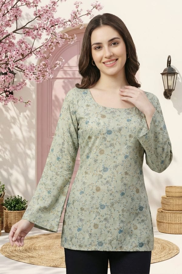 Pista Green Jaipuri Print Kurti with Long Sleeves – styled view