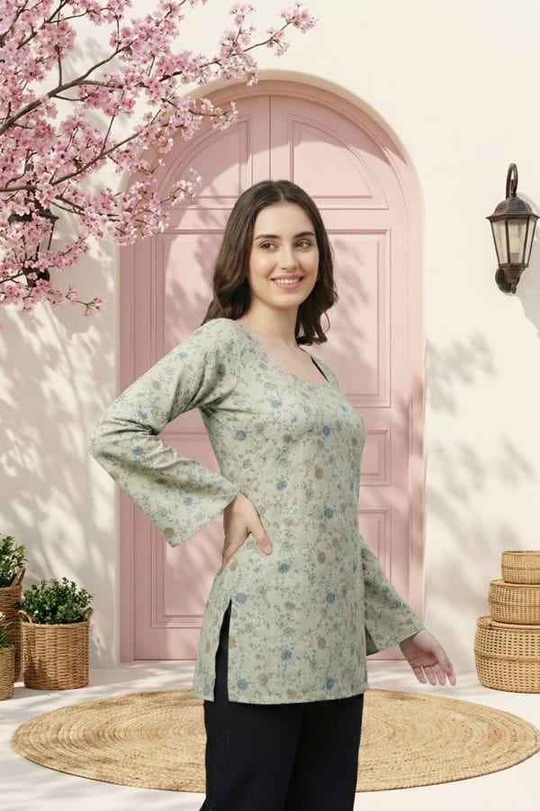 Pista Green Jaipuri Print Kurti with Long Sleeves – side view