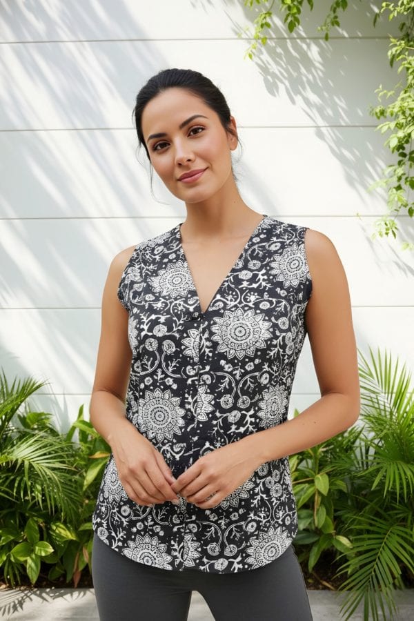 Black Dabu Print Waistcoat Style Kurti Top – styled view