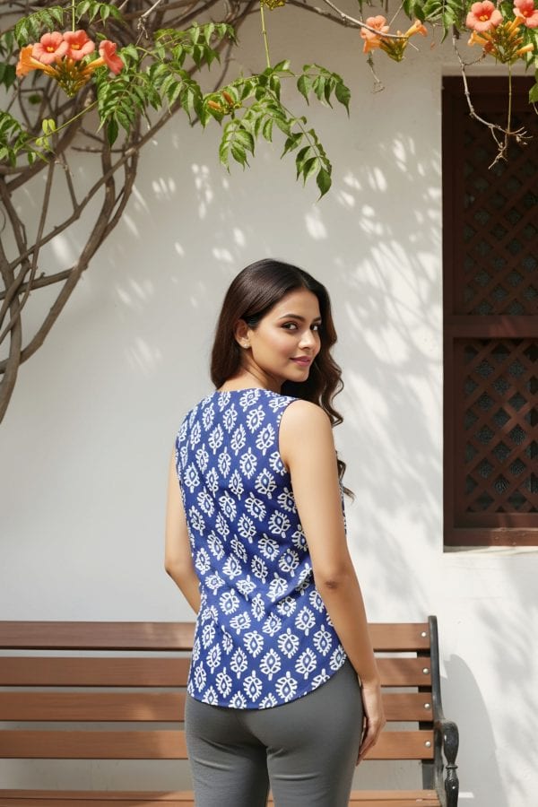 Indigo Blue Dabu Print Waistcoat Style Top – back view