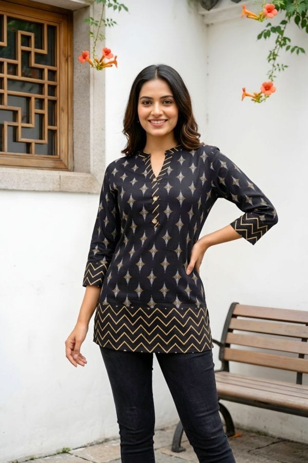 Black Printed Rayon Short Kurti with Ban Collar – front view