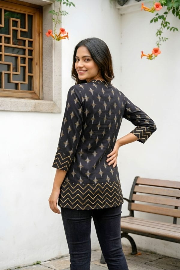 Black Printed Rayon Short Kurti with Ban Collar – back view