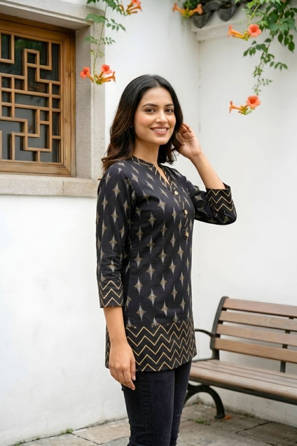 Black Printed Rayon Short Kurti with Ban Collar – side view