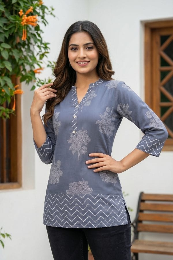 Grey Printed Rayon Short Kurti with Ban Collar – styled view
