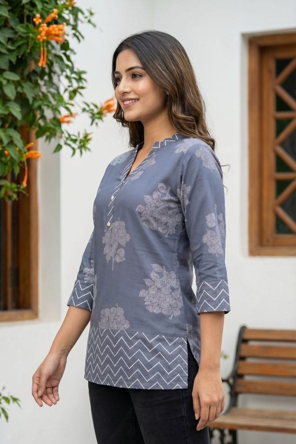 Grey Printed Rayon Short Kurti with Ban Collar – side view