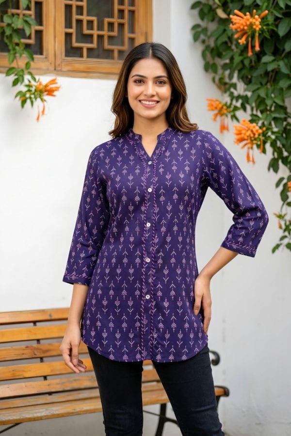 Dark Blue Printed Rayon Short Kurti with Front Placket – front view