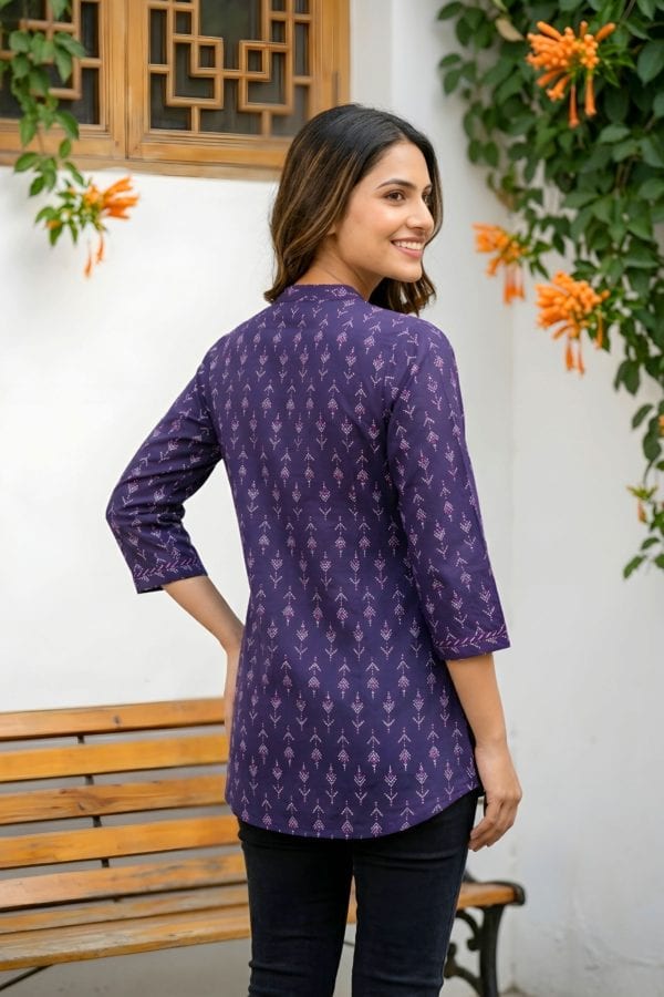 Dark Blue Printed Rayon Short Kurti with Front Placket – back view
