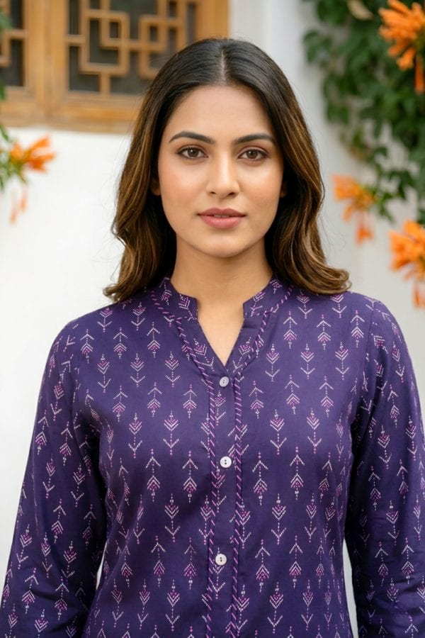 Dark Blue Printed Rayon Short Kurti with Front Placket – close-up