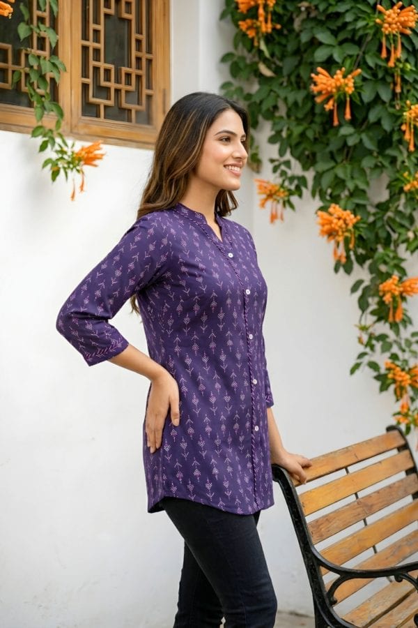 Dark Blue Printed Rayon Short Kurti with Front Placket – side view