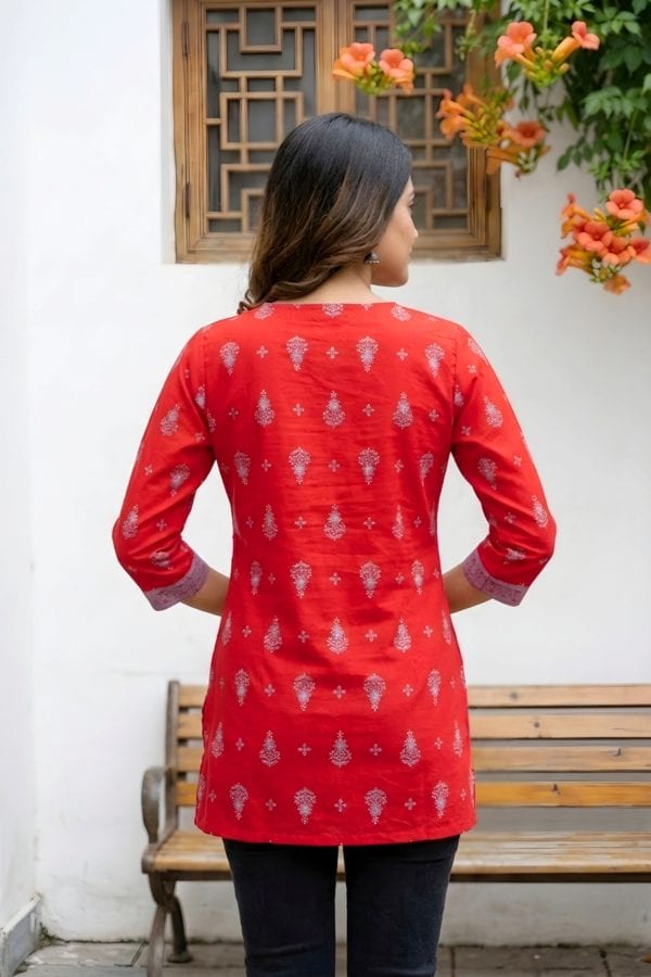 Red Rayon Short Kurti with Ethnic Motif Print and V Neck – back view