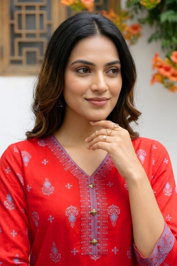 Red Rayon Short Kurti with Ethnic Motif Print and V Neck – close-up