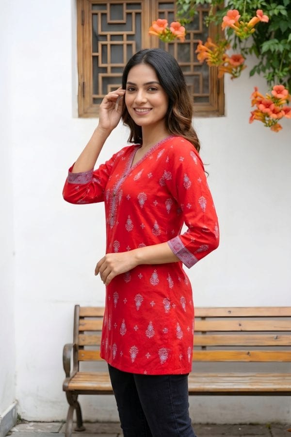 Red Rayon Short Kurti with Ethnic Motif Print and V Neck – side view