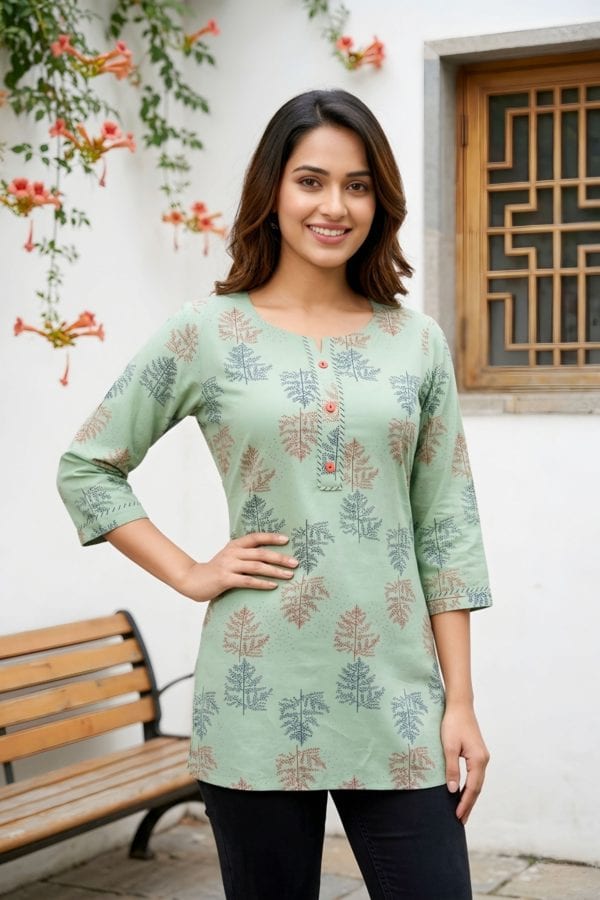 Pista Green Rayon Short Kurti with Ethnic Motif Print – front view